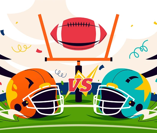 Two rugby helmets facing off before a big game with rugby ball, goalposts, and dramatic stadium atmosphere.