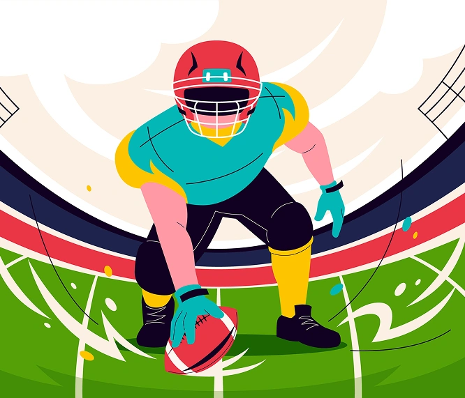 Stylized Rugby athlete in full gear preparing for action inside a modern stadium with dynamic motion effects.