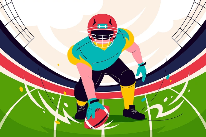 Stylized Rugby athlete in full gear preparing for action inside a modern stadium with dynamic motion effects.
