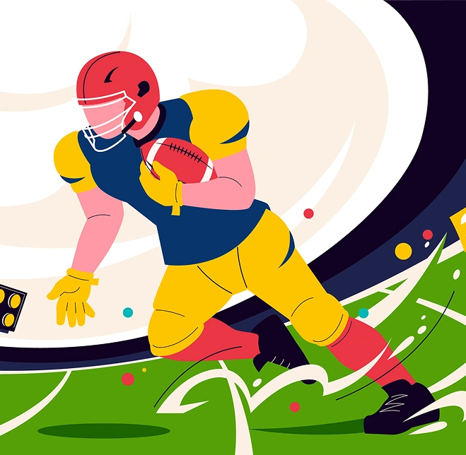 Rugby player running with the ball across the field in a vibrant cartoon sports arena scene.