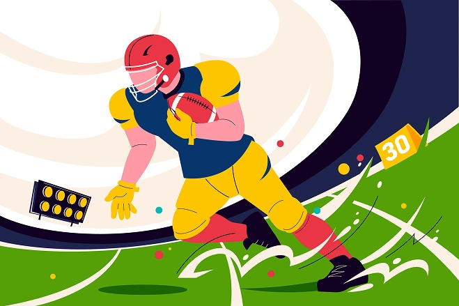 Rugby player running with the ball across the field in a vibrant cartoon sports arena scene.