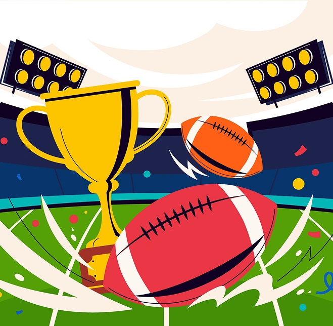 Colorful rugby championship illustration with a golden trophy, footballs, stadium lights, and festive confetti on a bright sports arena background.
