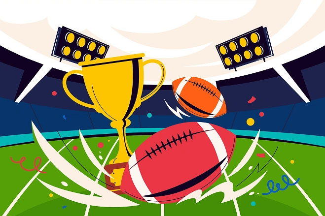 Colorful rugby championship illustration with a golden trophy, footballs, stadium lights, and festive confetti on a bright sports arena background.